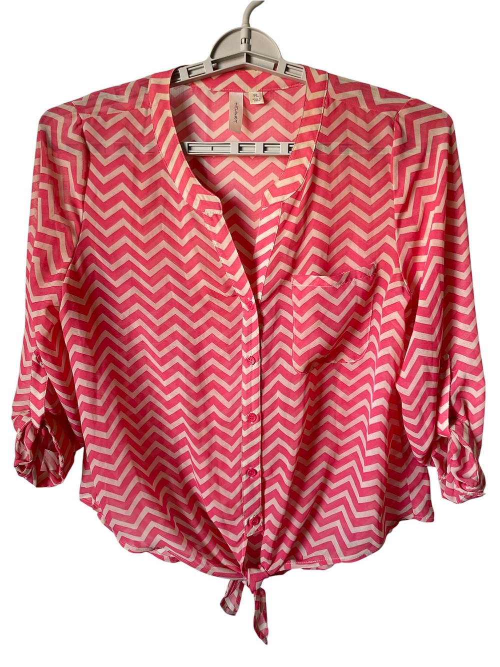 Tacera Women’s Size PL Chevron Print Blouse 3/4 Roll-tab Sleeve Tie-front